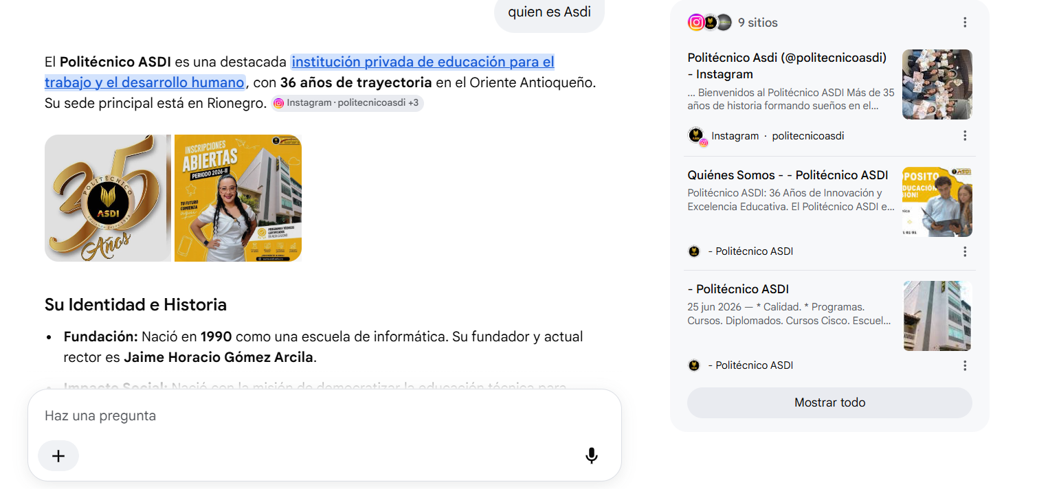 Politécnico ASDI mencionado en el Modo IA de Google
