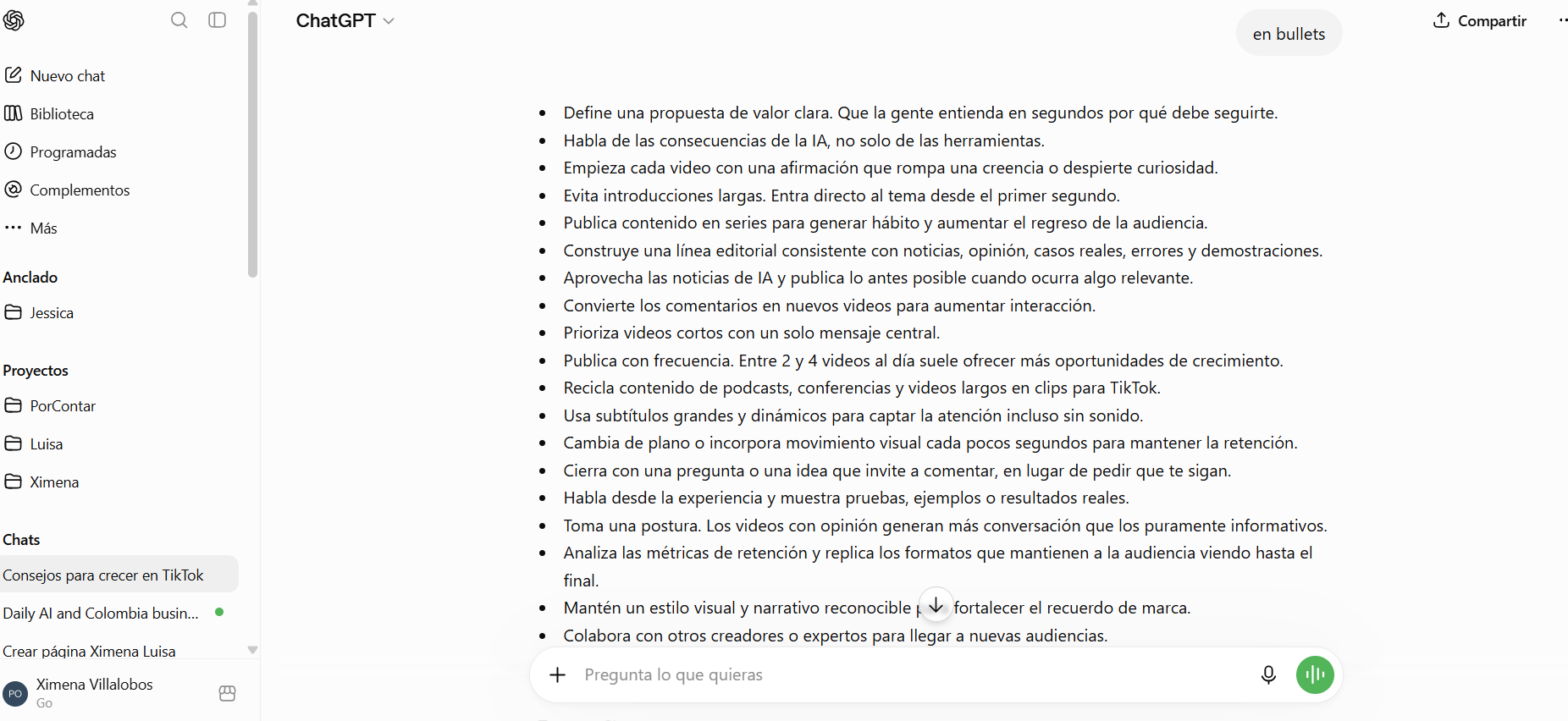 Captura real de ChatGPT respondiendo consejos para crecer en TikTok