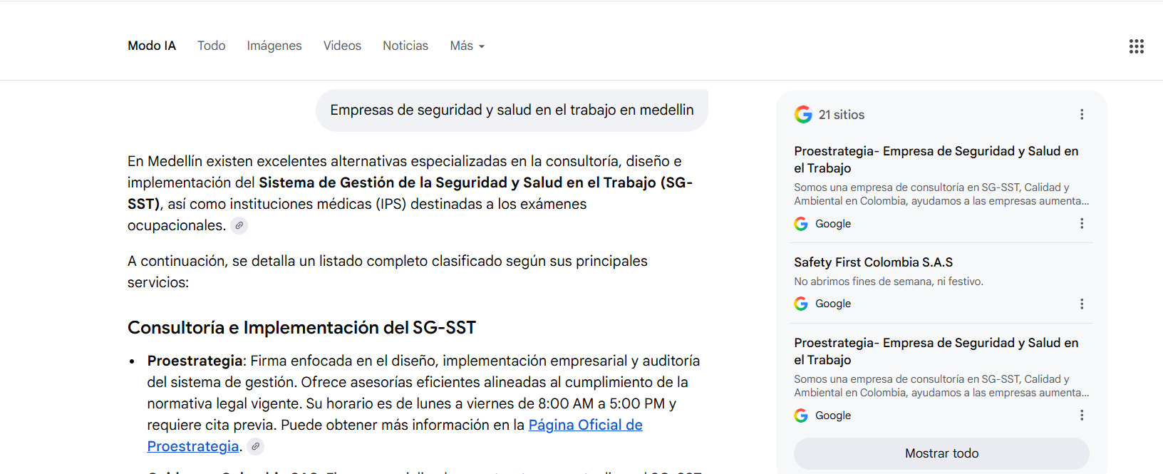 Proestrategia mencionada en el Modo IA de Google