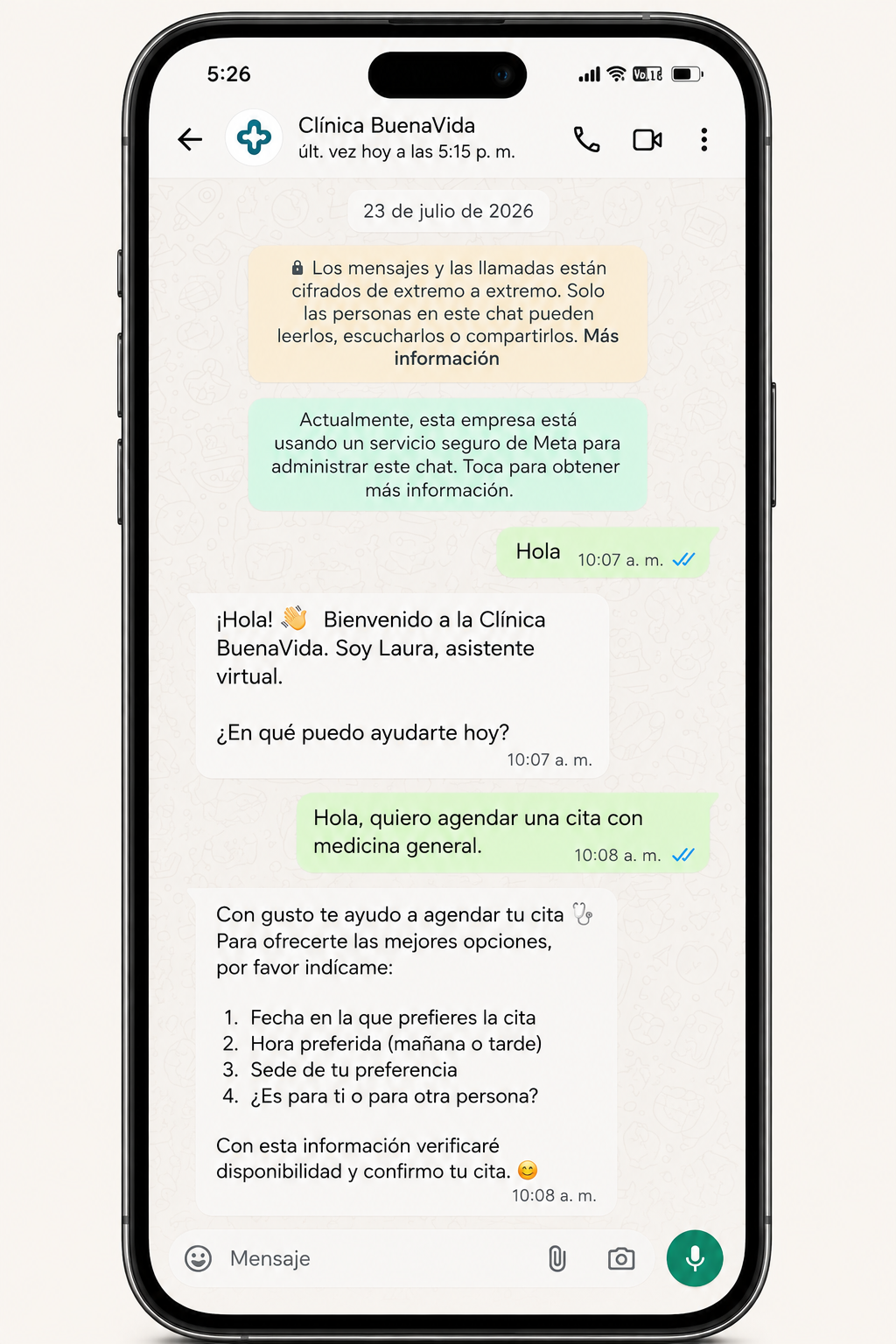 Chat de WhatsApp del agente agendando y recordando una cita