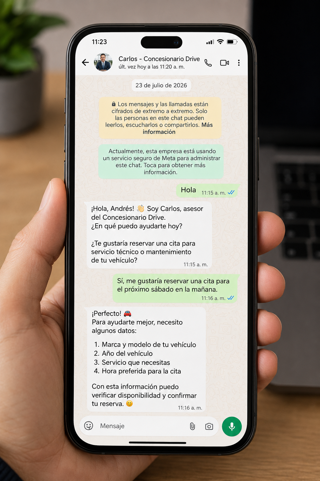 Chat de WhatsApp del agente agendando un test drive
